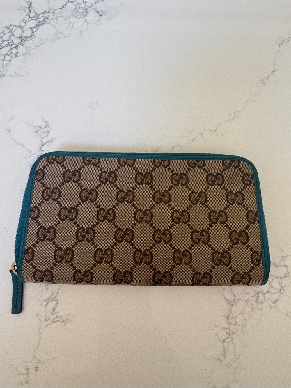 Gucci Beige Brown GG Canvas Wallet with turquoise Trim